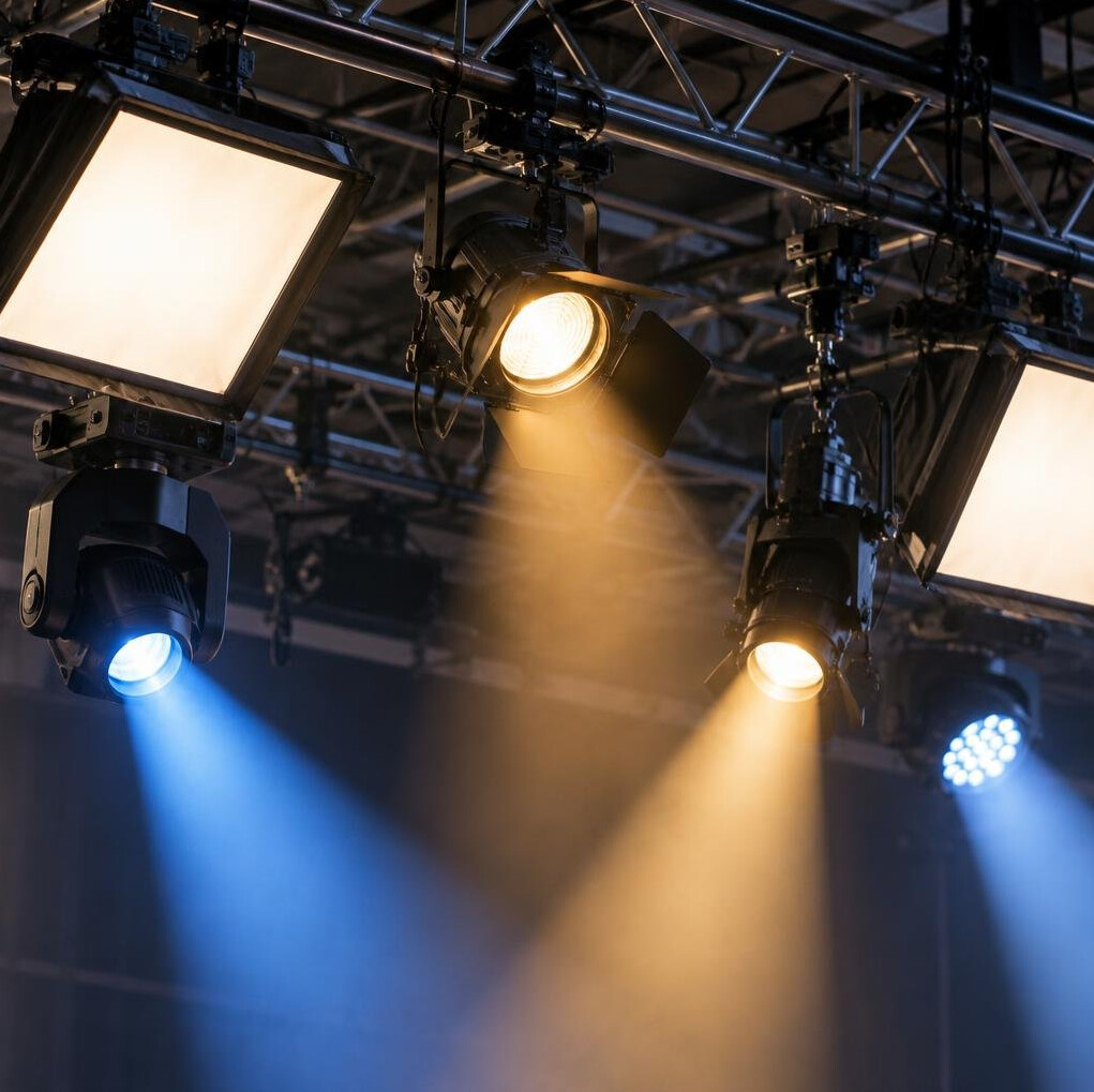 Close-up of a stage lighting rig with spotlights