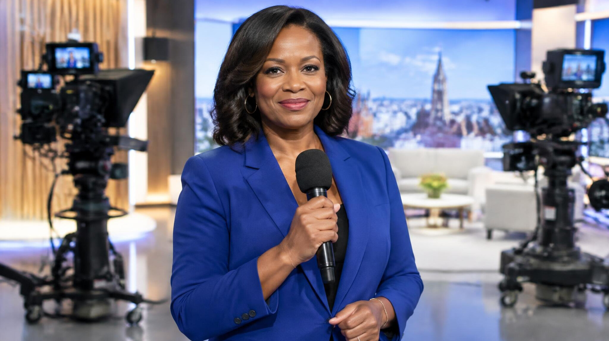 Television presenter speaking on a lit studio set
