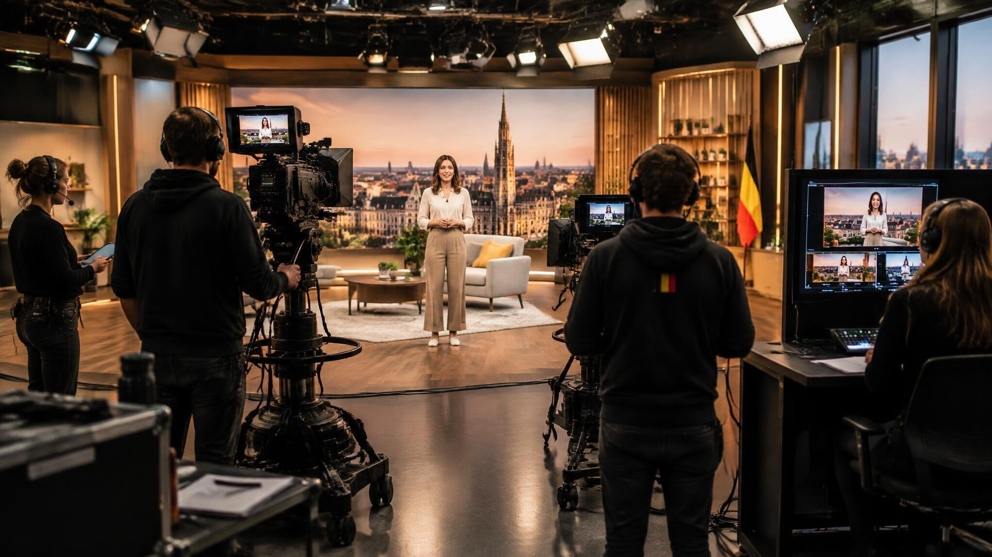 Television studio set with presenter and camera crew filming a show