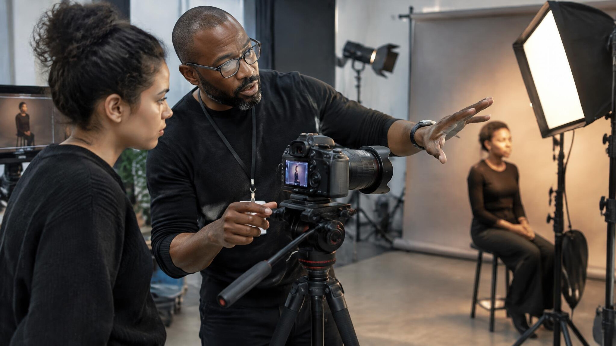 Instructor demonstrating camera framing and lighting on set