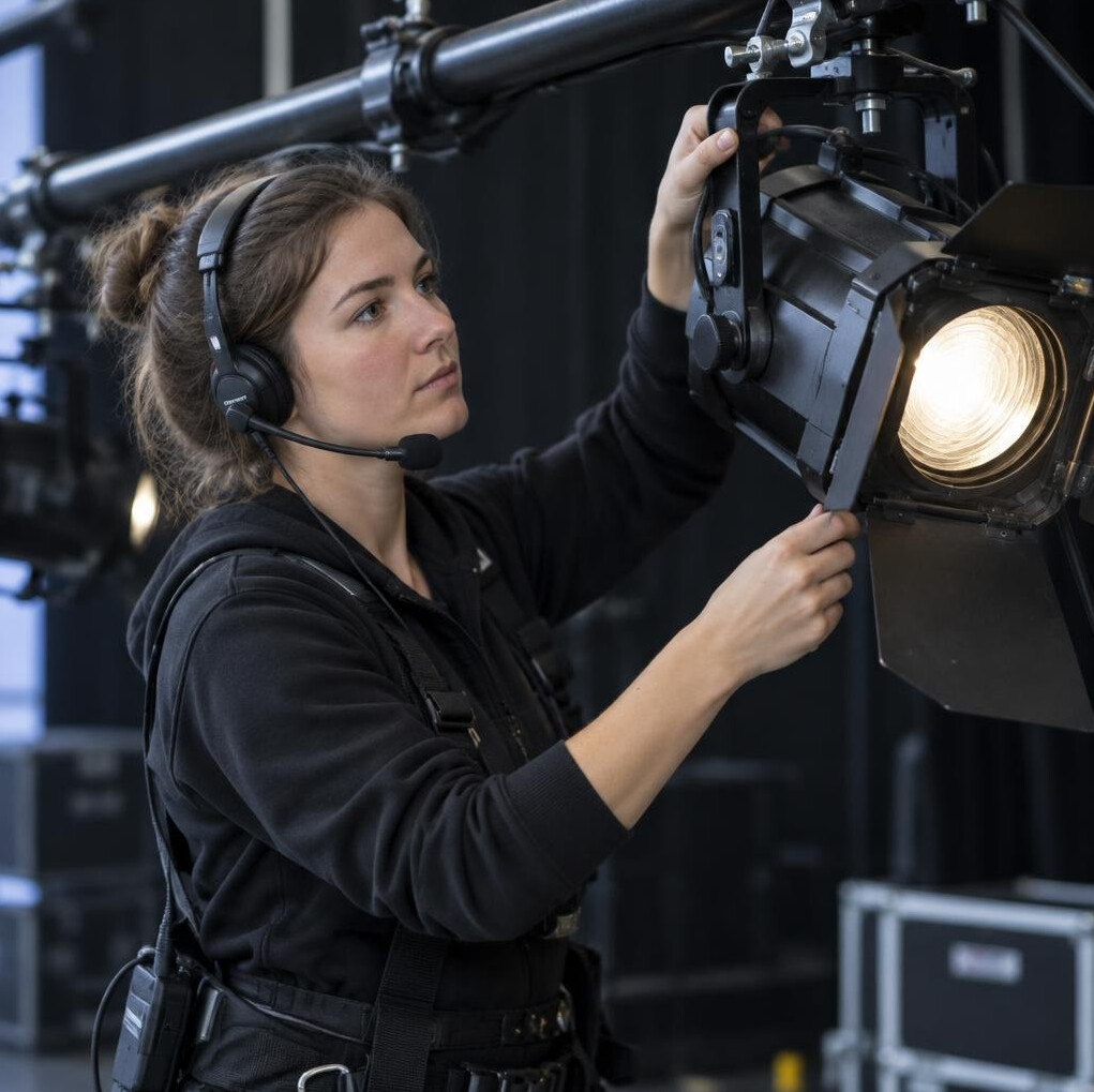 Lighting technician adjusting a stage light rig