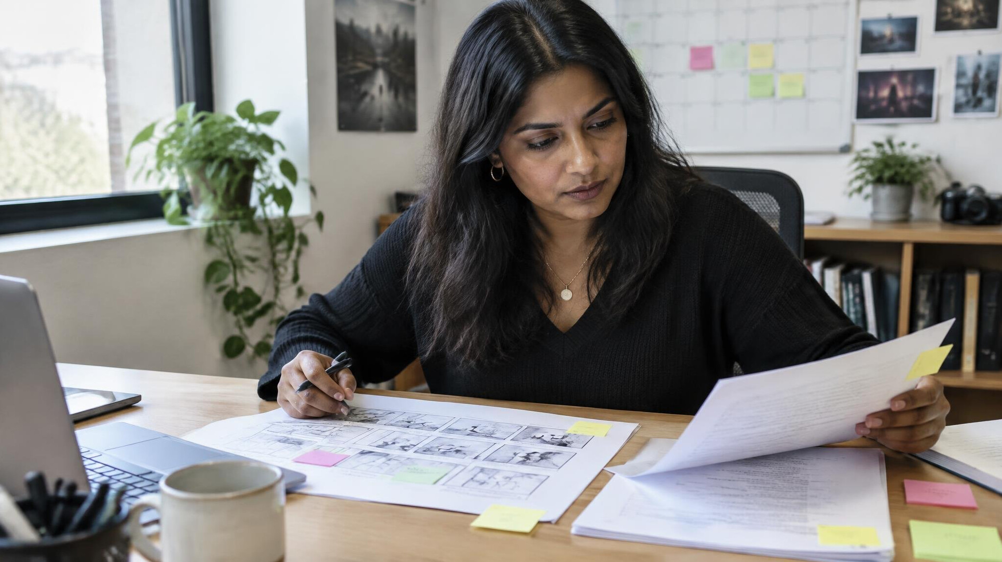 Production planner reviewing a storyboard and script at a desk