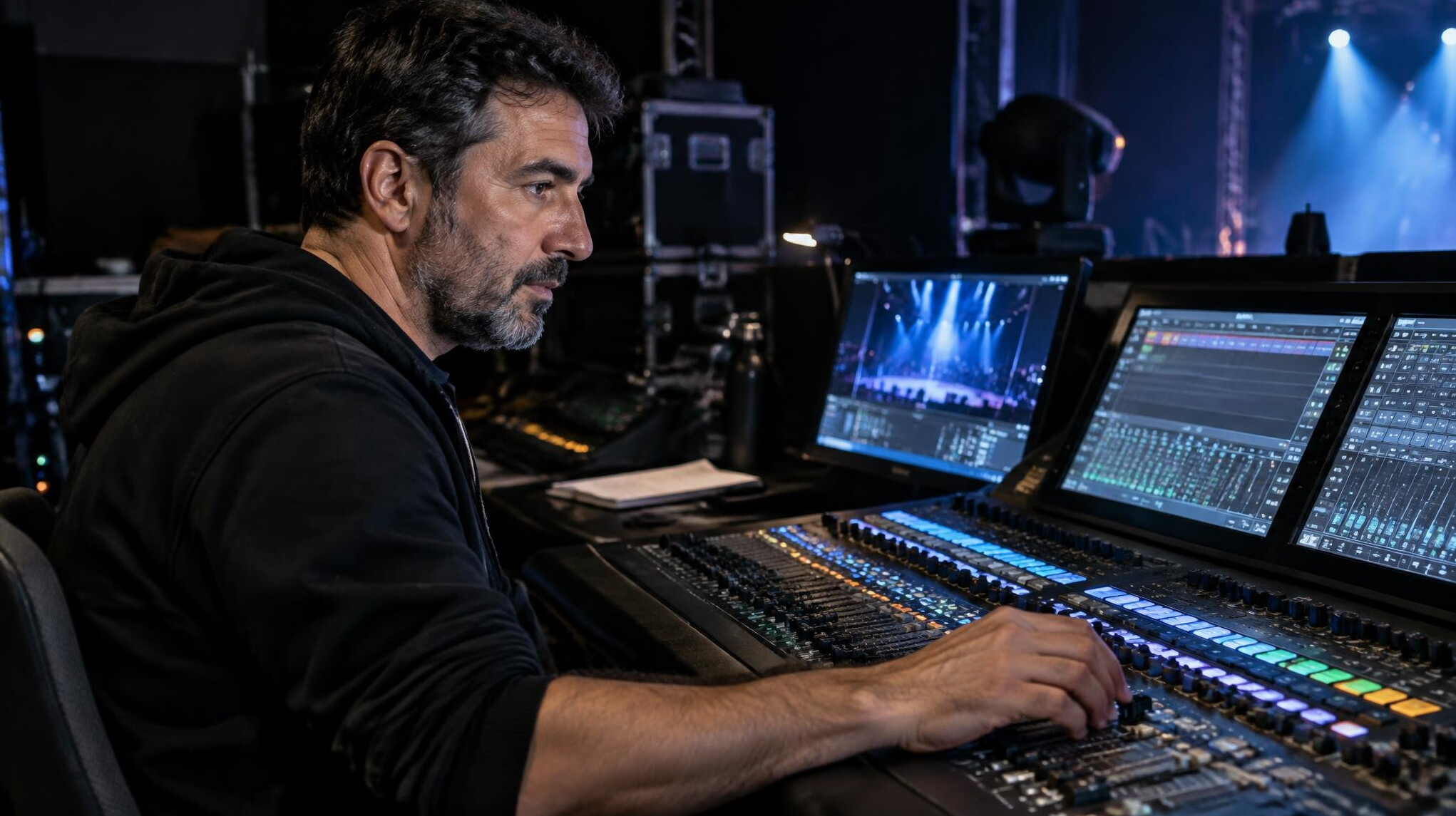 Audio and lighting technician at a mixing console