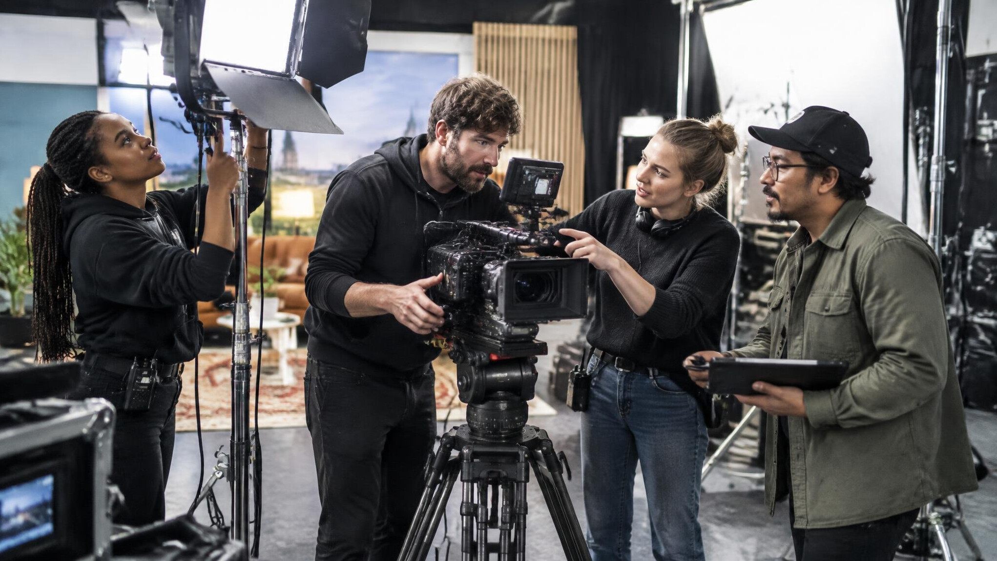 Production crew working together on a television set