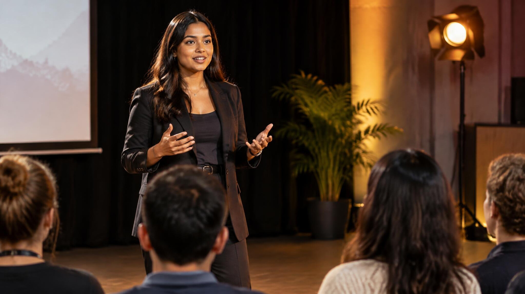 Presenter rehearsing stage presentation in front of a small audience