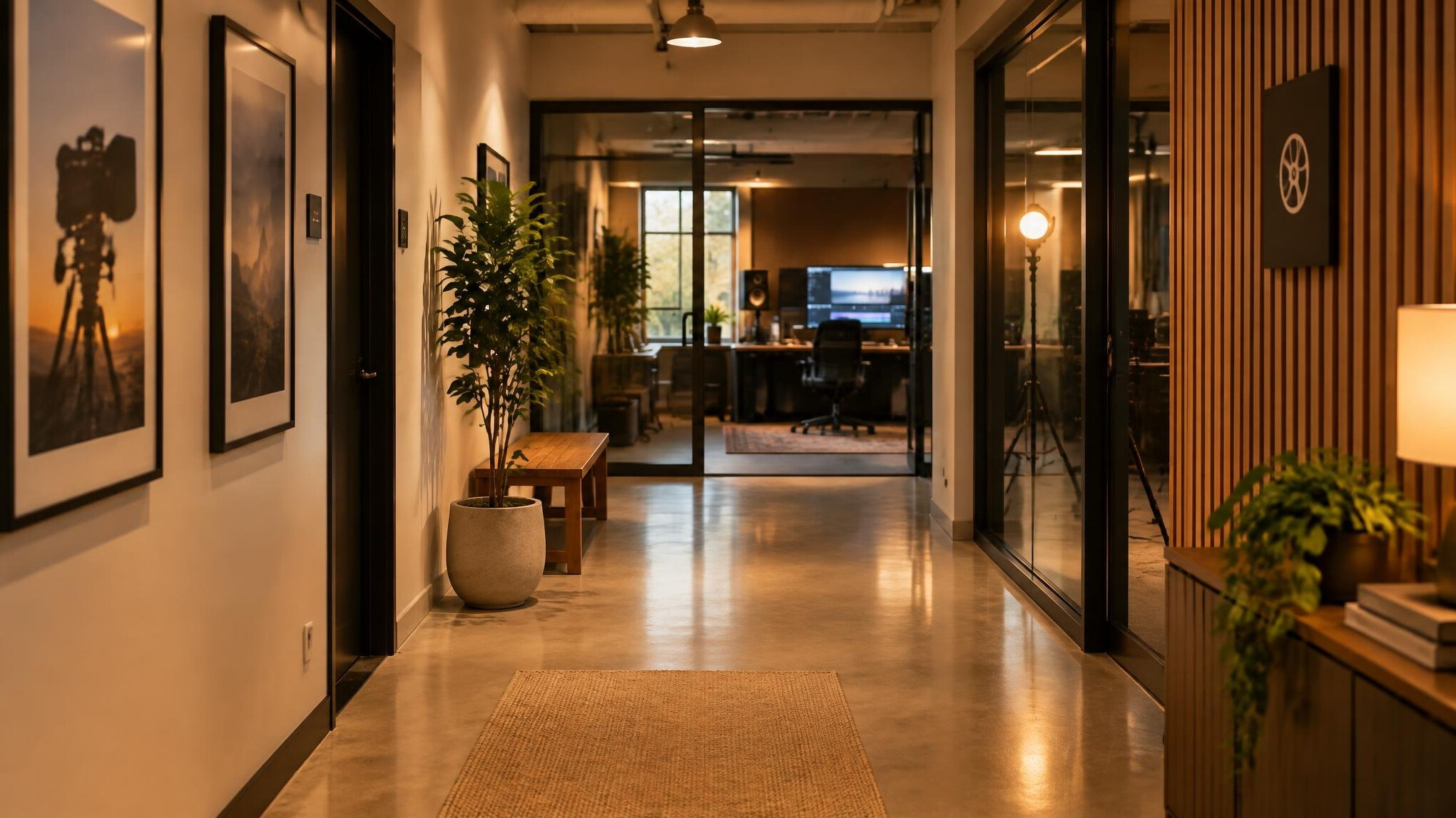 Calm studio corridor with soft lighting leading to a production office