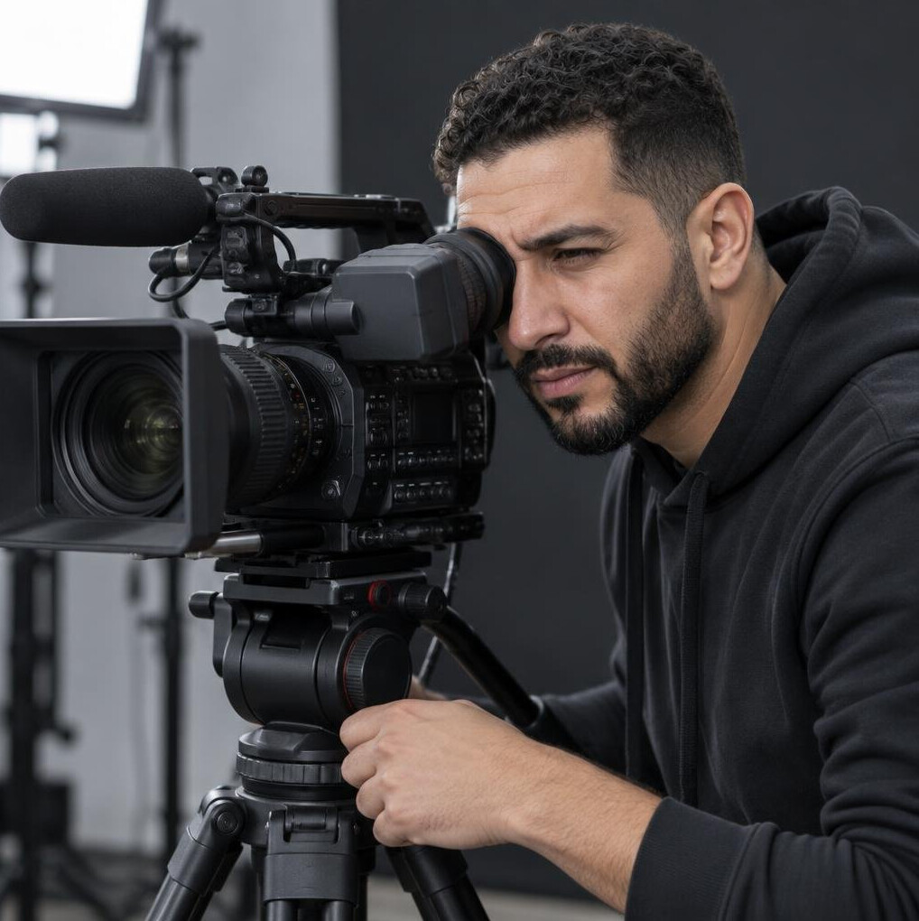 Camera operator framing a shot on a professional video camera