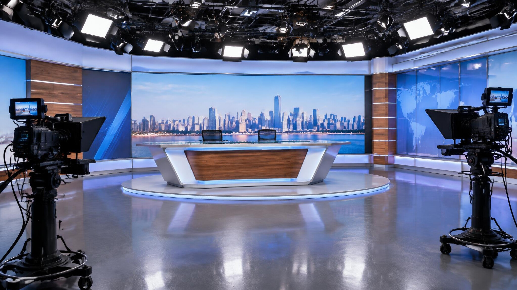 Wide view of an empty television studio set ready for filming