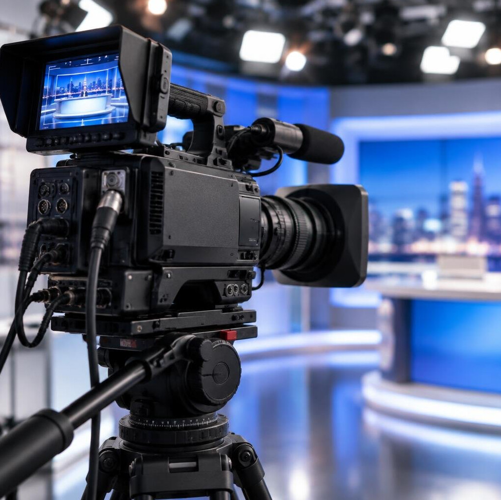 Professional video camera mounted on a tripod in a studio